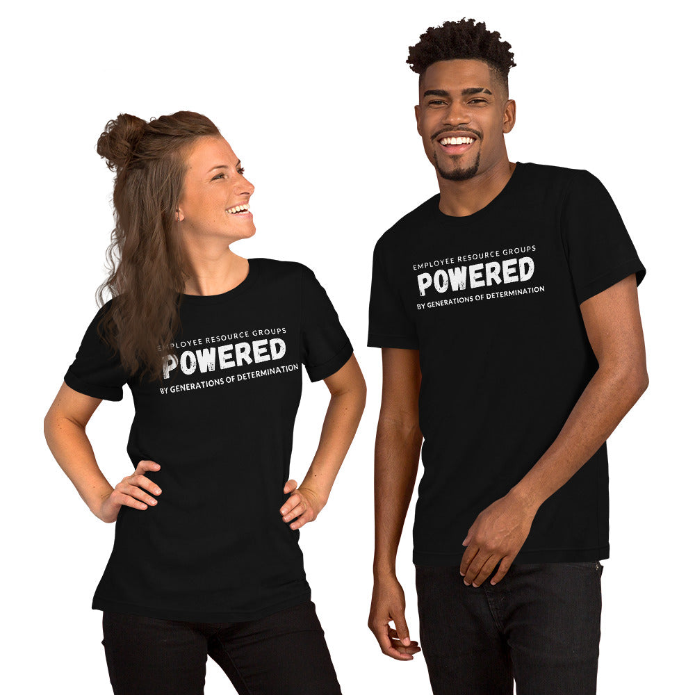 Woman and man  smiling and posing in black t-shirts with the words Employee Resource Groups Powered by Generations of Determination written across the front