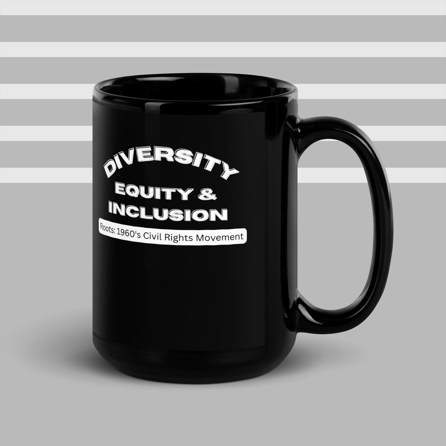 Black glossy coffee mug with bold white writing