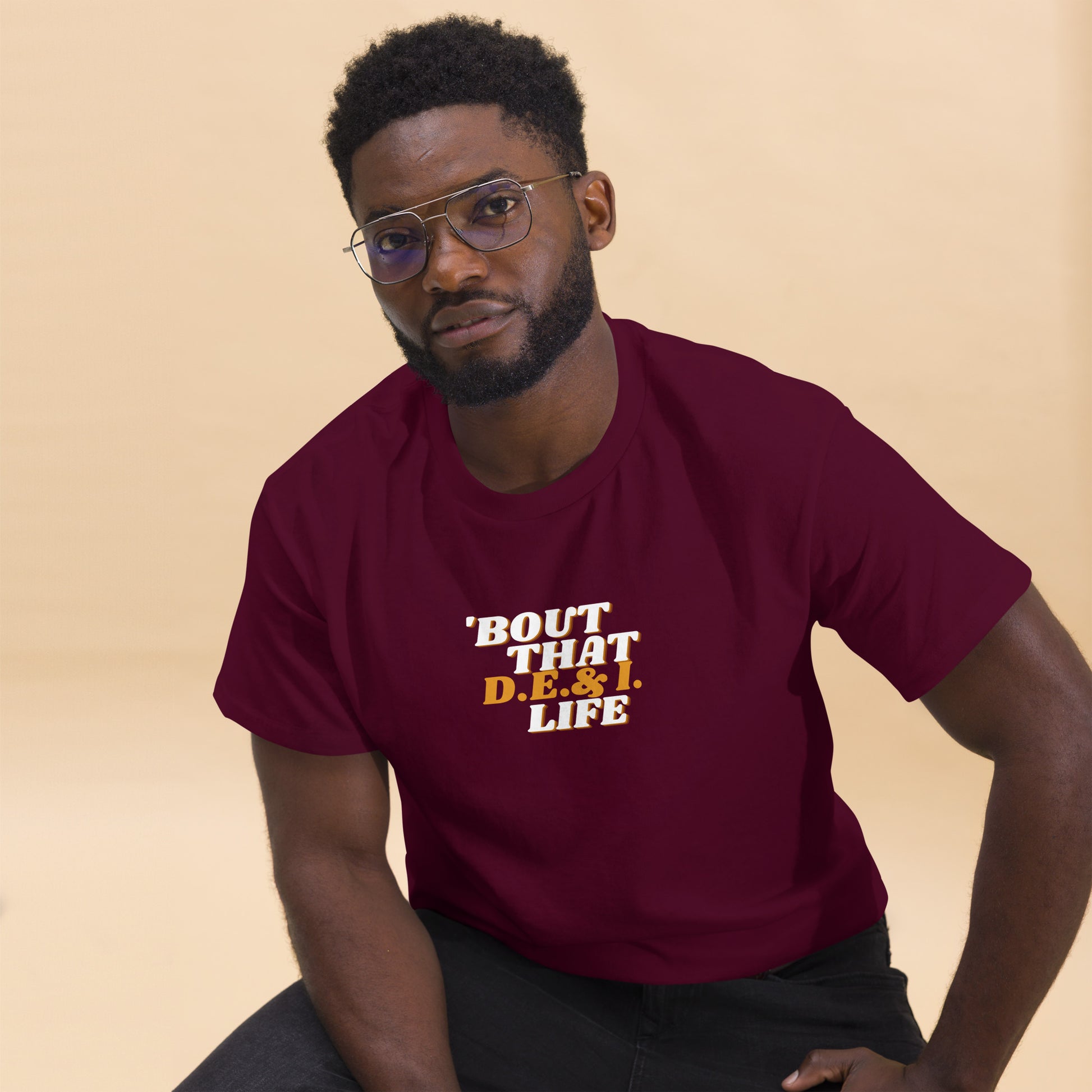 Mens maroon classic tee worn by male model