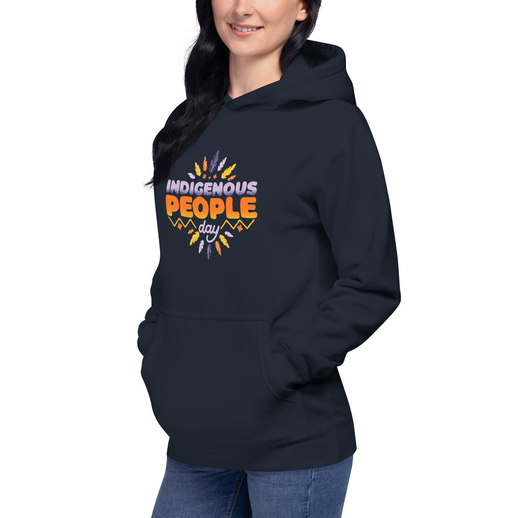 Female model wearing a navy blue hoodie