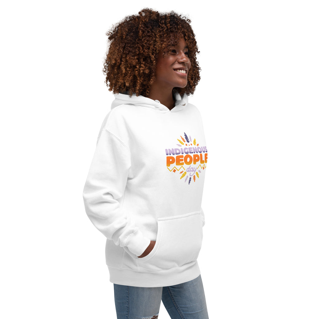 Female model wearing a white hoodie