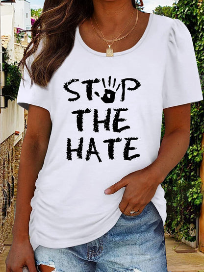 Women's Round Neck Short Sleeve STOP THE HATE Graphic T-Shirt