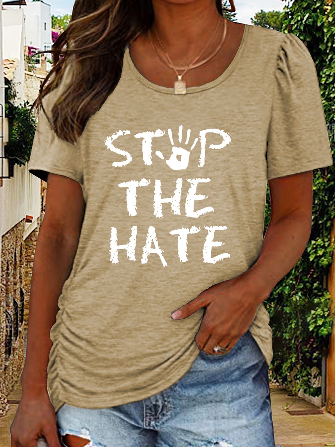 Women's Round Neck Short Sleeve STOP THE HATE Graphic T-Shirt