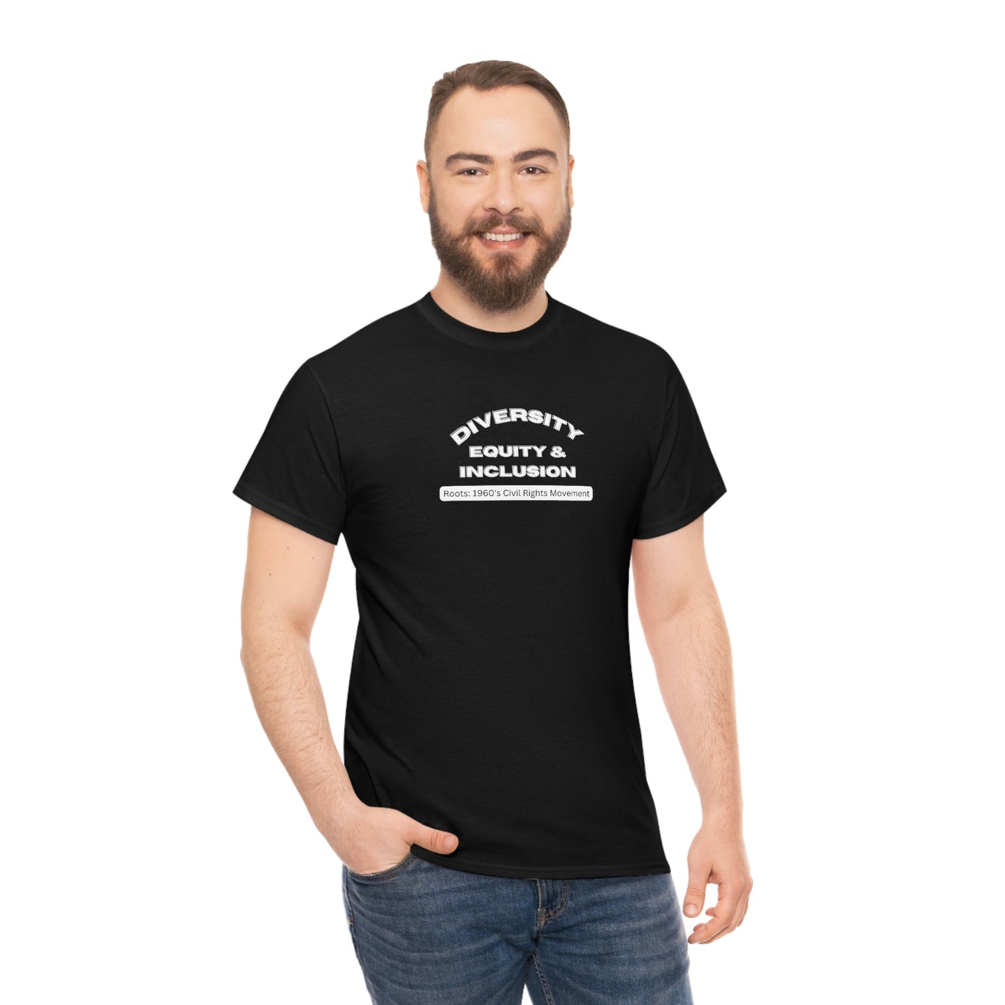 Male Model wearing black t-shirt with lettering In bold capital white letters on the front "Diversity Equity & Inclusion" below these letters on a rounded white background strip with mixed case black letters "roots: 1960's Civil Rights Movement"