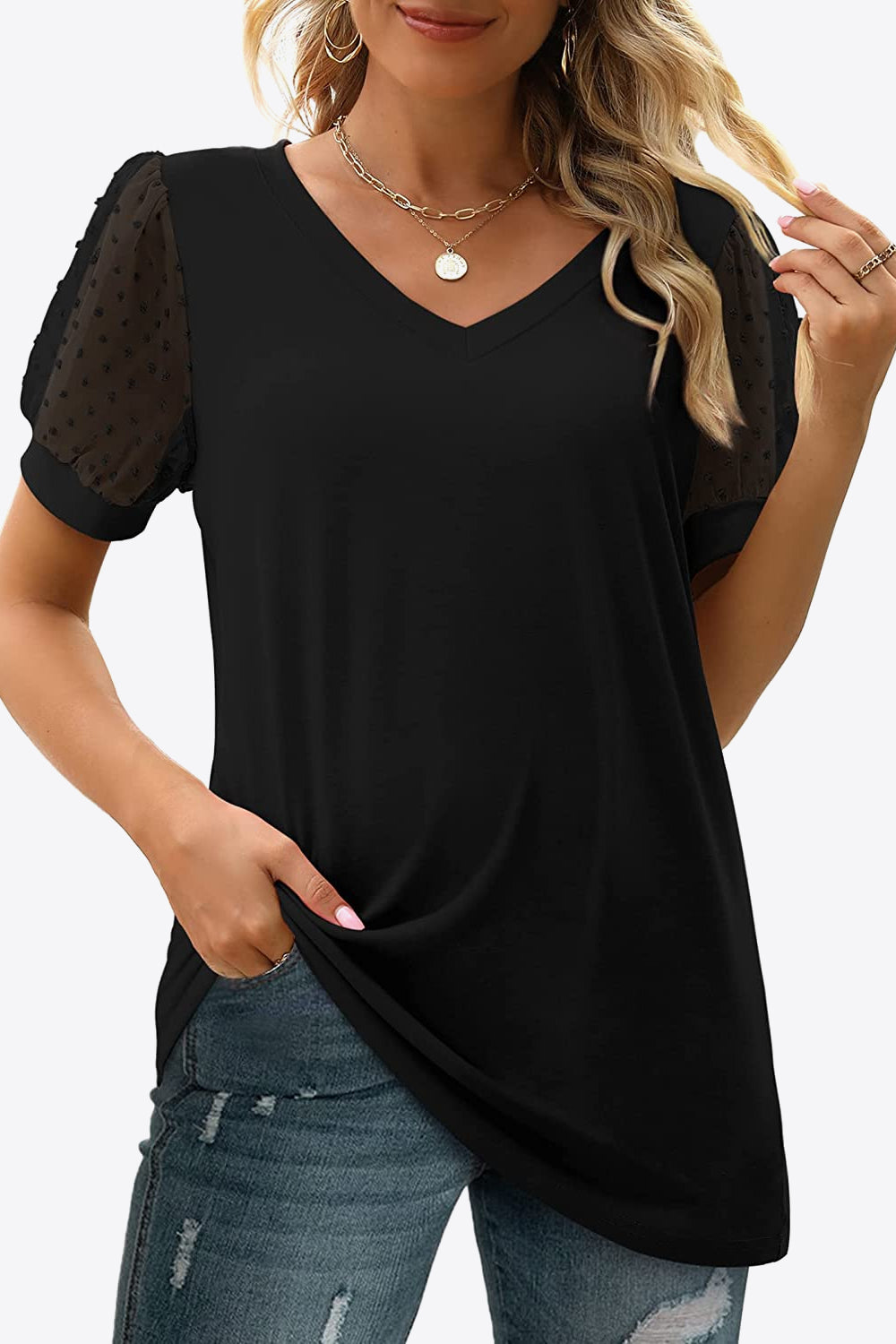 Women's Swiss Dot Puff Sleeve V-Neck Tee