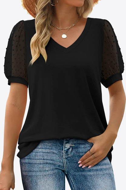 Women's Swiss Dot Puff Sleeve V-Neck Tee