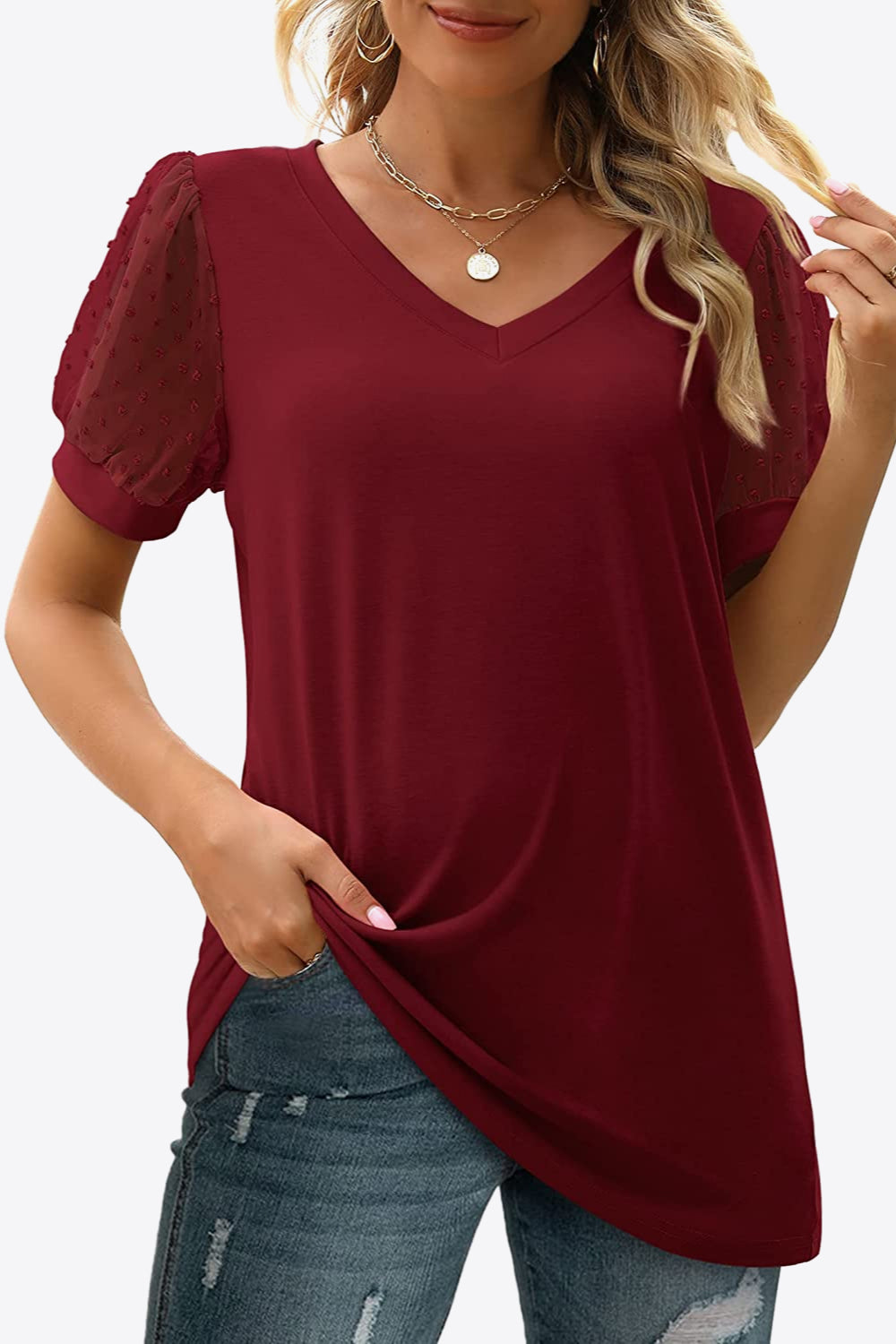 Women's Swiss Dot Puff Sleeve V-Neck Tee