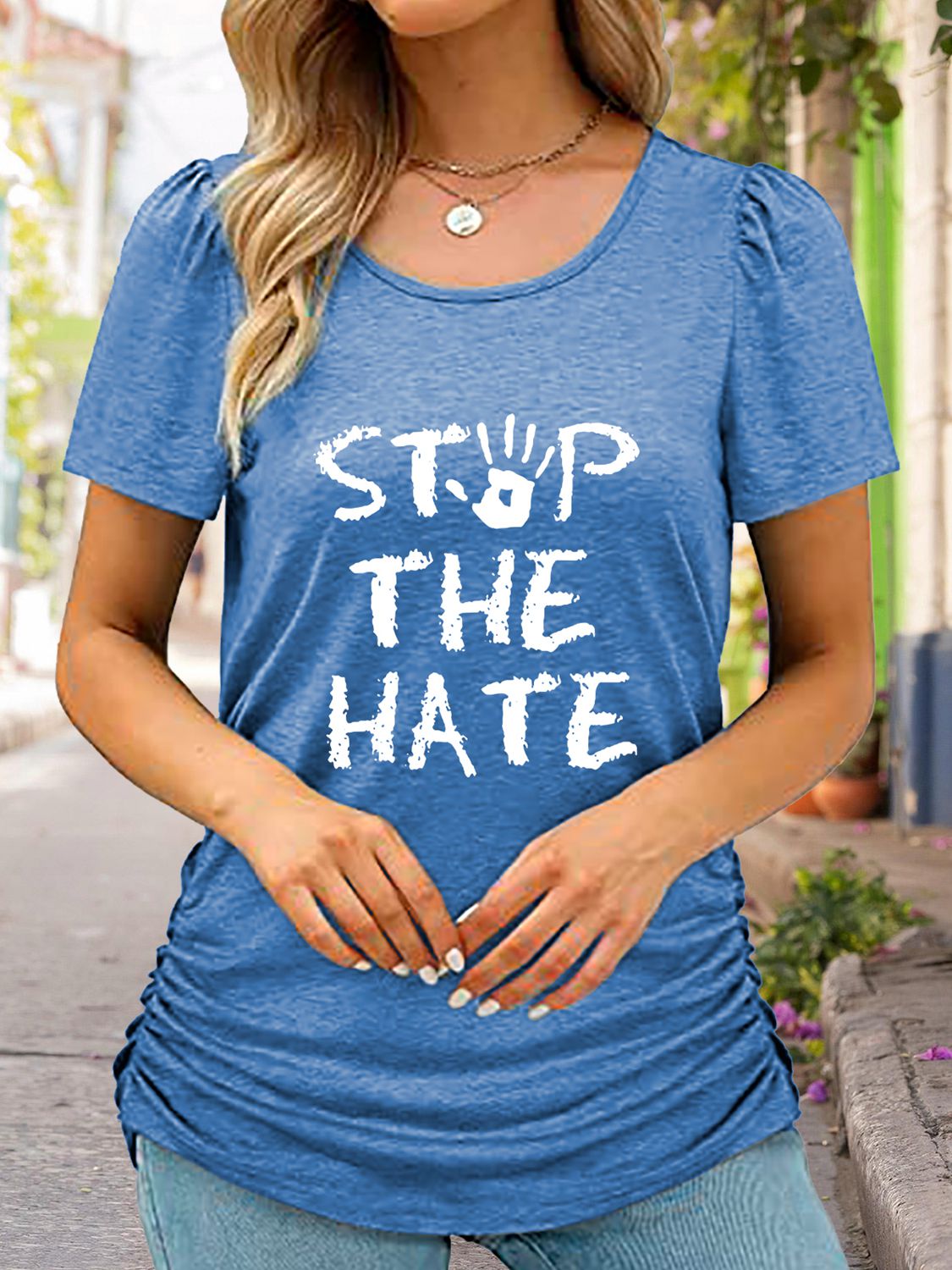 Women's Round Neck Short Sleeve STOP THE HATE Graphic T-Shirt