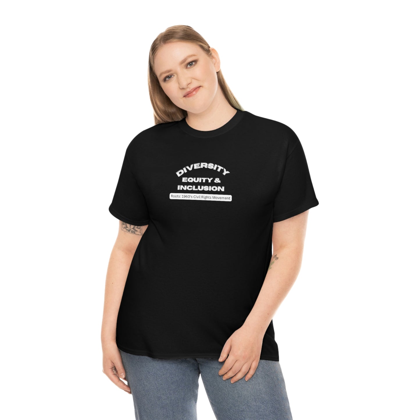 Model wearing black t-shirt with lettering In bold capital white letters on the front "Diversity Equity & Inclusion" below these letters on a rounded white background strip with mixed case black letters "roots: 1960's Civil Rights Movement"