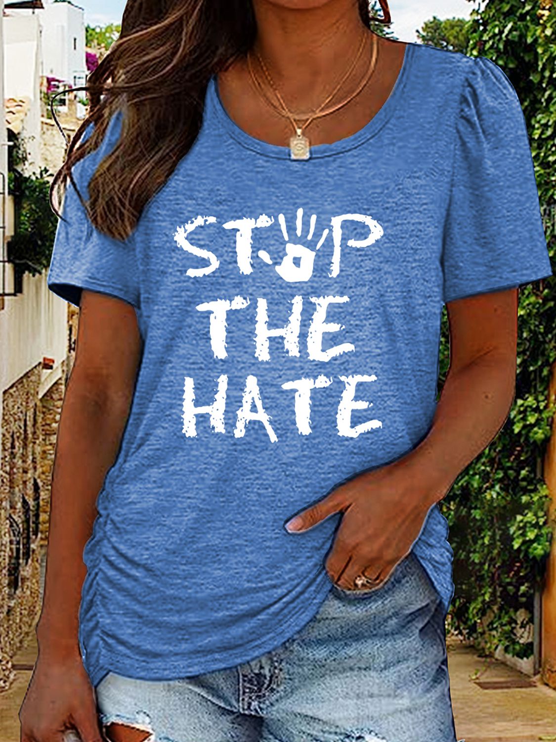 Women's Round Neck Short Sleeve STOP THE HATE Graphic T-Shirt