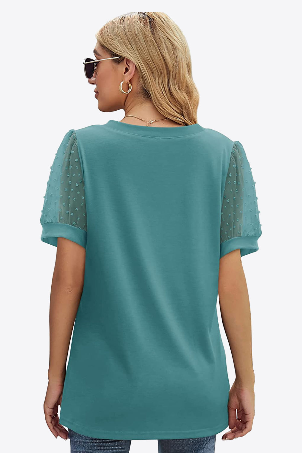 Women's Swiss Dot Puff Sleeve V-Neck Tee