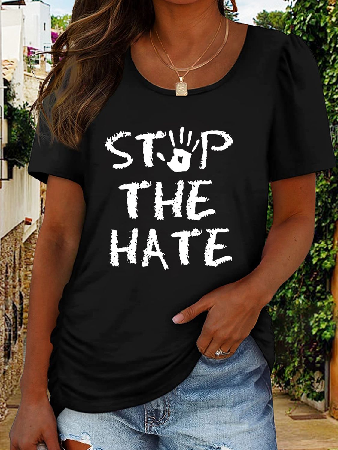 Women's Round Neck Short Sleeve STOP THE HATE Graphic T-Shirt