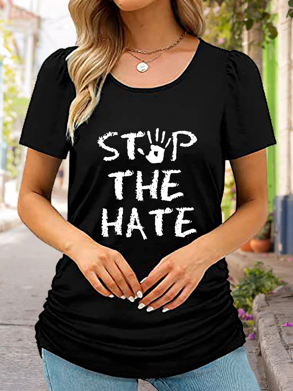 Women's Round Neck Short Sleeve STOP THE HATE Graphic T-Shirt