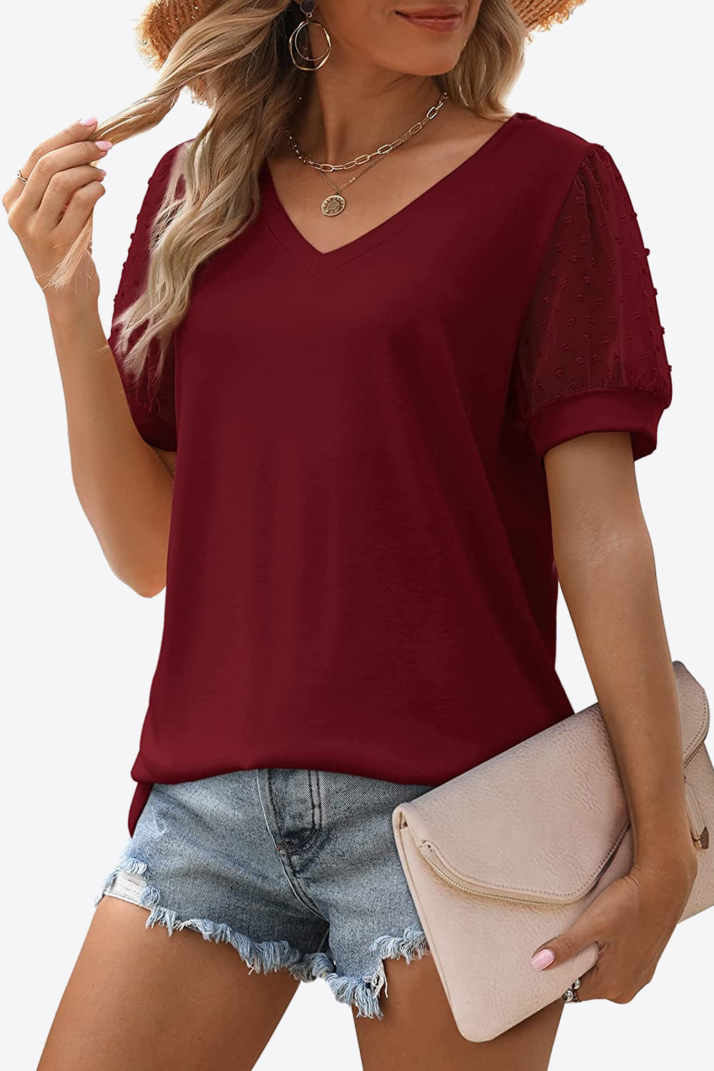 Women's Swiss Dot Puff Sleeve V-Neck Tee