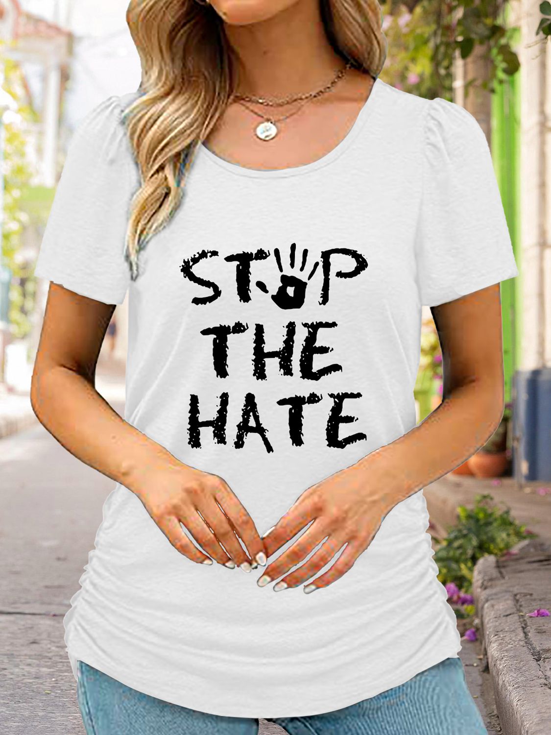 Women's Round Neck Short Sleeve STOP THE HATE Graphic T-Shirt