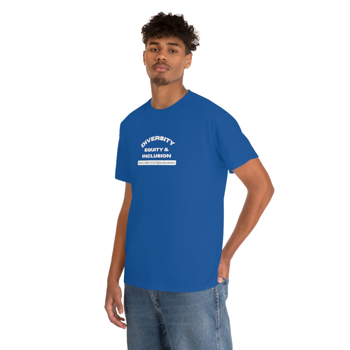 Male model wearing royal blue t-shirt with lettering In bold capital white letters on the front "Diversity Equity & Inclusion" below these letters on a rounded white background strip with mixed case black letters "roots: 1960's Civil Rights Movement"