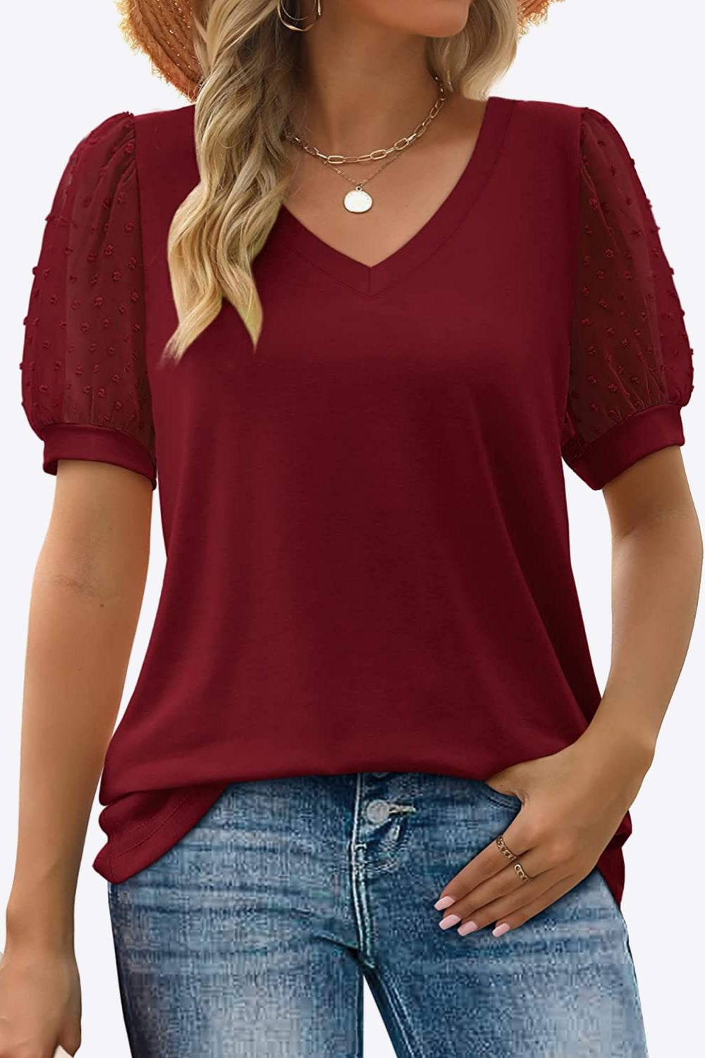 Women's Swiss Dot Puff Sleeve V-Neck Tee